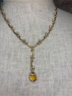 Avon Gold-Tone Necklace with Yellow Teardrop Crystal and Clear Accents